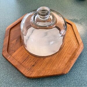 Dolphin Vintage MCM Teak Wood Cheese & Cracker Serving Board /Tray & Glass Dome